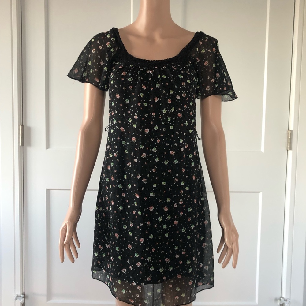 On Off The Shoulder Black Lace Chiffon Floral Summer Mini Dress XS